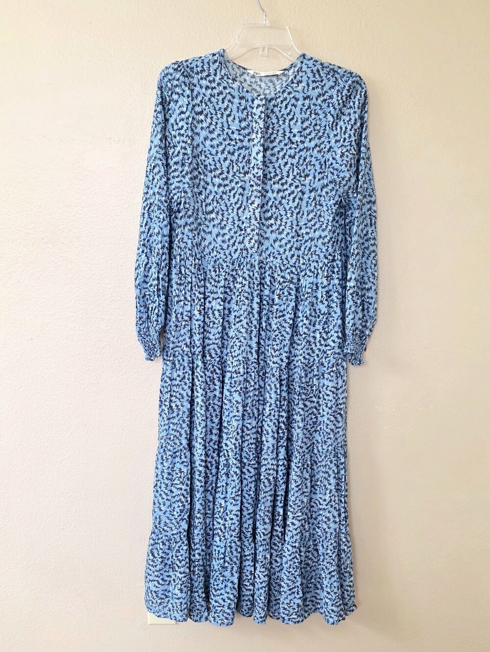 Zara Blue Black Floral Printed Long Sleeve Button Front Midi Dress - Size Small